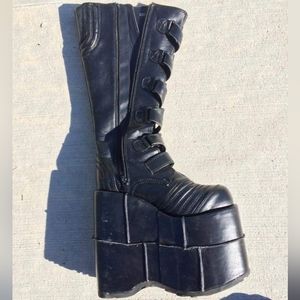Demonia Black Lace Up Buckle Boots Goth Punk Platform Knee High STACK 308